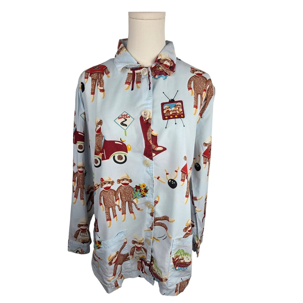 Nick & Nora Pajama Top L Blue Sock Monkey Button Front Sleep Shirt VTG Cotton - Picture 2 of 12